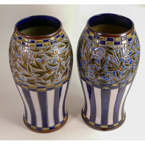 446 - Royal Doulton Lambeth pair of large embossed stoneware vases, height 38cm. (2)