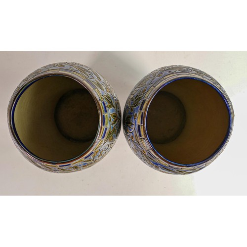 446 - Royal Doulton Lambeth pair of large embossed stoneware vases, height 38cm. (2)