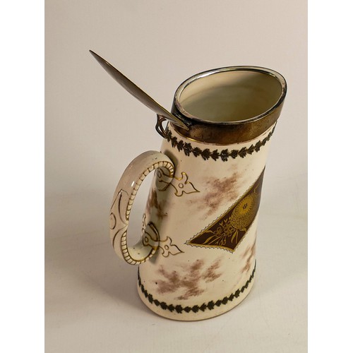 452 - 19th century Doulton horn jug with relief cameo panel decoration and silver plated fittings, h24cm.