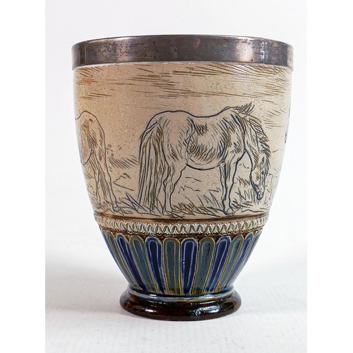 458 - Hannah Barlow for Doulton Lambeth, a vase decorated all around with horses with hallmarked silver ri... 