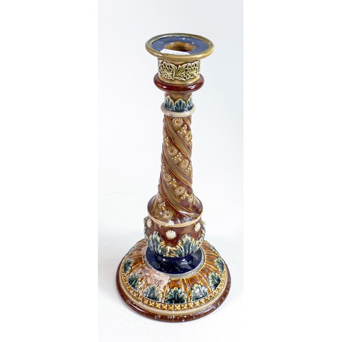 459 - Royal Doulton Lambeth candlestick, decorated all around with flower heads and leaves, h.30.5cm.