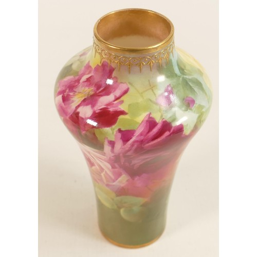 473 - Royal Doulton hand painted vase decorated with roses, signed A Scott, green marks, height 18cm.