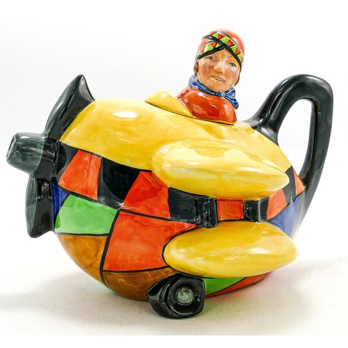 588 - Carltonware Clarice Cliff theme novelty Aeroplane teapot, limited edition, length 20cm.