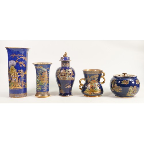 595 - A collection of blue & gilt Carltonware with floral, birds of paradise & temple decoration, includin... 