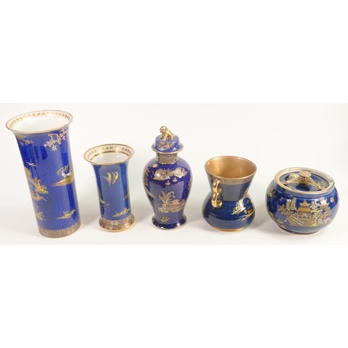 595 - A collection of blue & gilt Carltonware with floral, birds of paradise & temple decoration, includin... 