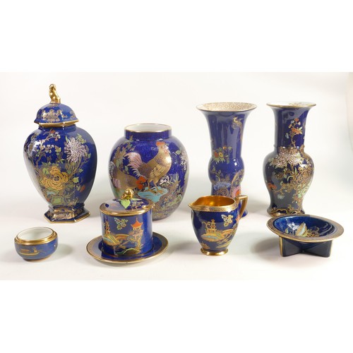 596 - A collection of blue & gilt Carltonware with floral, birds of paradise & temple decoration including... 