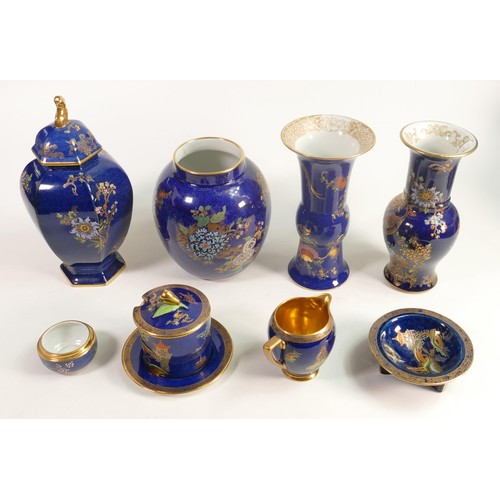 596 - A collection of blue & gilt Carltonware with floral, birds of paradise & temple decoration including... 