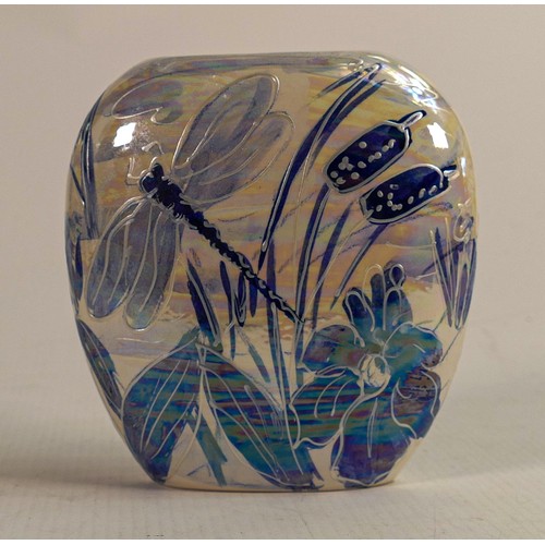 674 - Anita Harris blue & white lustre Dragonfly purse vase. Gold signed to base, height 12cm