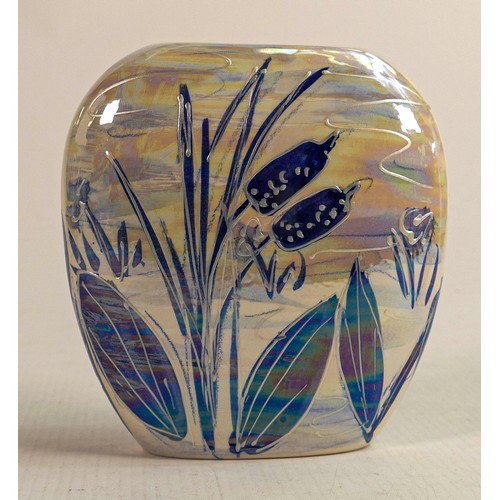 674 - Anita Harris blue & white lustre Dragonfly purse vase. Gold signed to base, height 12cm