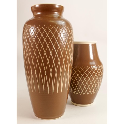 681 - Mid century Pilkington's Royal Lancastrian vase Sgraffito John Brannan vases, tallest 38cm. (2)