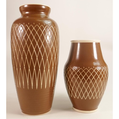 681 - Mid century Pilkington's Royal Lancastrian vase Sgraffito John Brannan vases, tallest 38cm. (2)