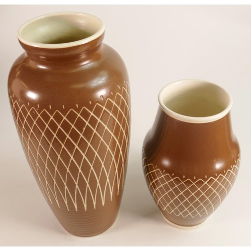 681 - Mid century Pilkington's Royal Lancastrian vase Sgraffito John Brannan vases, tallest 38cm. (2)