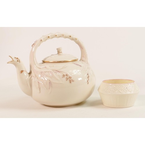 694 - Belleek Batchelor tea kettle with duck spout and bowl, teapot h.16cm. (2)