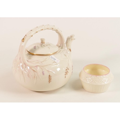 694 - Belleek Batchelor tea kettle with duck spout and bowl, teapot h.16cm. (2)