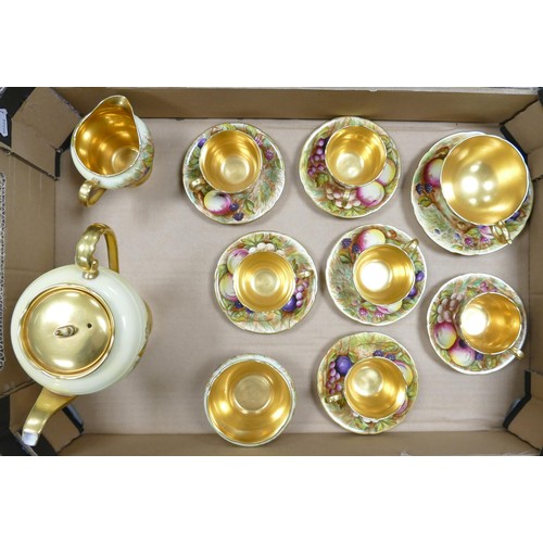 890 - Aynsley Orchard gold tea set, early gilded set, signed by D Jones & N Blunt, with extra demitasse cu... 