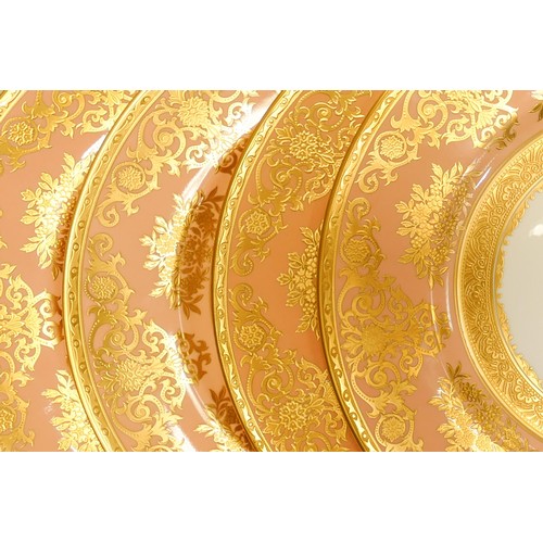 1006 - De Lamerie Fine Bone China heavily gilded Pink Exotic Garden patterned dinner plates, specially made... 