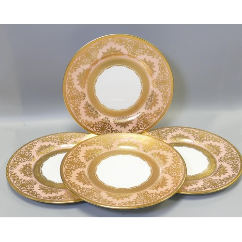 1006 - De Lamerie Fine Bone China heavily gilded Pink Exotic Garden patterned dinner plates, specially made... 