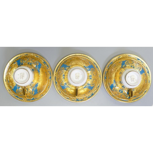 1008 - De Lamerie Fine Bone China heavily gilded Blue Royale patterned trios, specially made high end quali... 