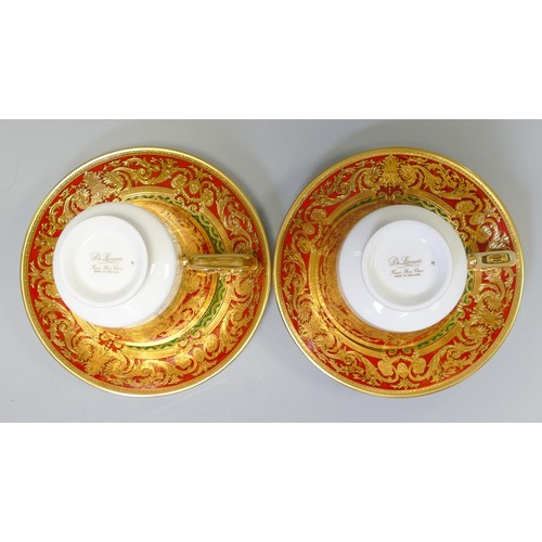 1009 - De Lamerie Fine Bone China heavily gilded Red/ Green Empress patterned cup / saucer sets, specially ... 