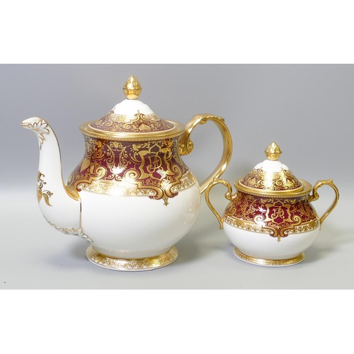 1012 - De Lamerie Fine Bone China heavily gilded Burgundy Aphrodite patterned tea pot & sugar bowl, special... 