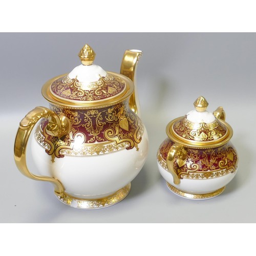 1012 - De Lamerie Fine Bone China heavily gilded Burgundy Aphrodite patterned tea pot & sugar bowl, special... 