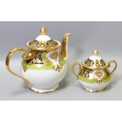 1013 - De Lamerie Fine Bone China heavily gilded Countess Flori Bunda patterned tea pot & sugar bowl, speci... 