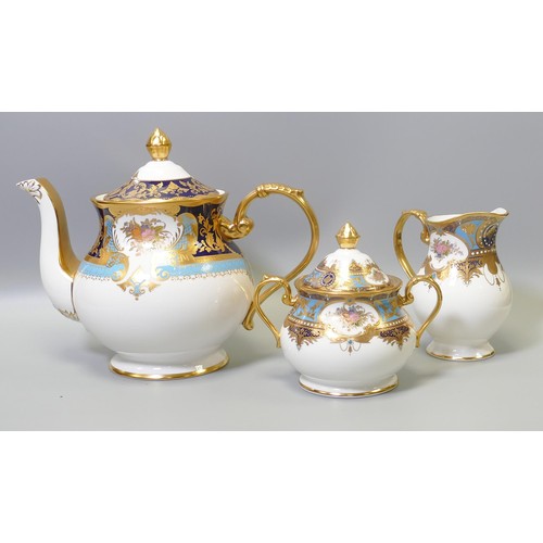 1014 - De Lamerie Fine Bone China heavily gilded Countess Flori Bunda patterned tea pot, cream jug & sugar ... 