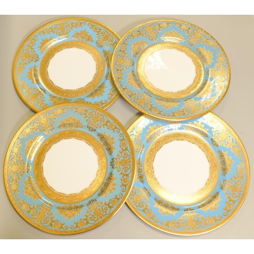 1015 - De Lamerie Fine Bone China heavily gilded Turquoise Exotic Garden patterned dinner plates, specially... 