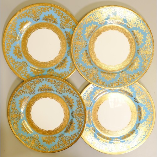 1015 - De Lamerie Fine Bone China heavily gilded Turquoise Exotic Garden patterned dinner plates, specially... 