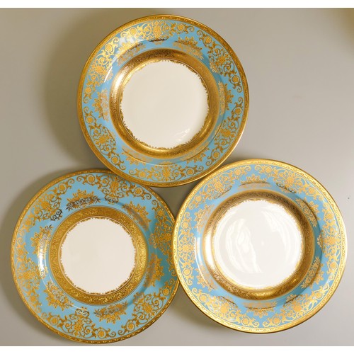 1017 - De Lamerie Fine Bone China heavily gilded Turquoise Exotic Garden patterned rimmed bowls & lunch pla... 