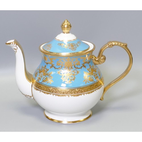 1019 - De Lamerie Fine Bone China heavily gilded Turquoise Exotic Garden patterned tea pot, specially made ... 