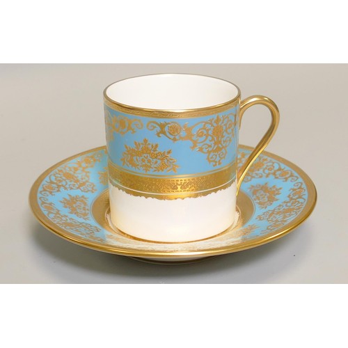 1020 - De Lamerie Fine Bone China heavily gilded Turquoise Exotic Garden patterned coffee can & saucer, spe... 