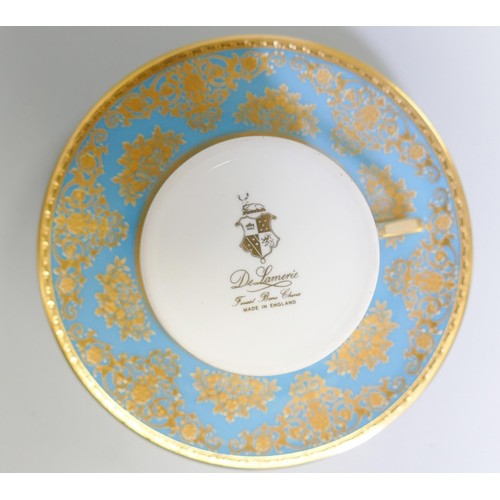 1020 - De Lamerie Fine Bone China heavily gilded Turquoise Exotic Garden patterned coffee can & saucer, spe... 