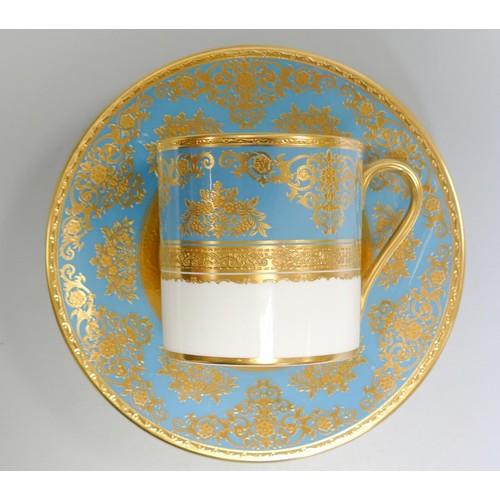 1020 - De Lamerie Fine Bone China heavily gilded Turquoise Exotic Garden patterned coffee can & saucer, spe... 