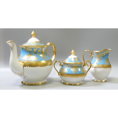 1021 - De Lamerie Fine Bone China heavily gilded Turquoise Exotic Garden patterned tea pot, sugar bowl & cr... 