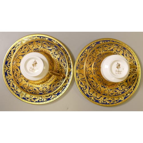 1024 - De Lamerie Fine Bone China heavily gilded Dark Blue Empress patterned trios, specially made high end... 