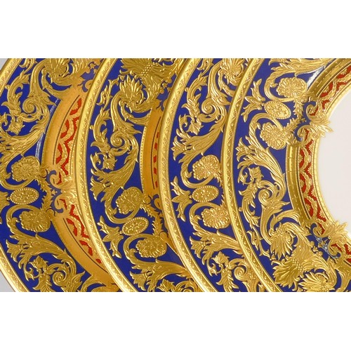 1028 - De Lamerie Fine Bone China heavily gilded Dark Blue Empress patterned salad plates, specially made h... 