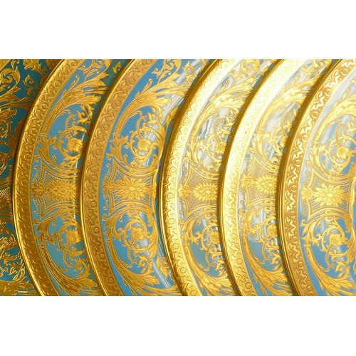 1046 - De Lamerie Fine Bone China heavily gilded Robert Adam patterned dinner plates, specially made high e... 