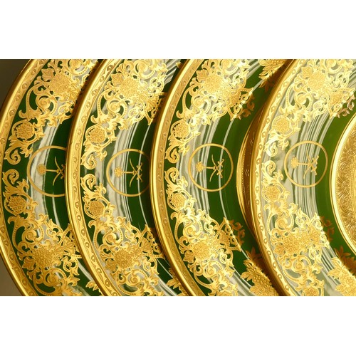 1047 - De Lamerie Fine Bone China heavily gilded Exotic Green patterned dinner plates, specially made high ... 