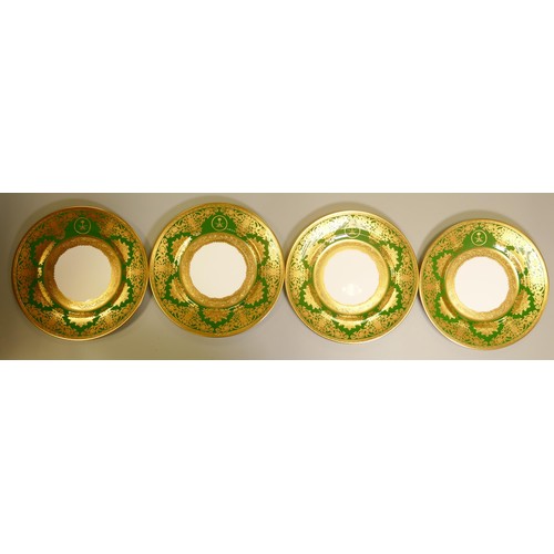 1047 - De Lamerie Fine Bone China heavily gilded Exotic Green patterned dinner plates, specially made high ... 