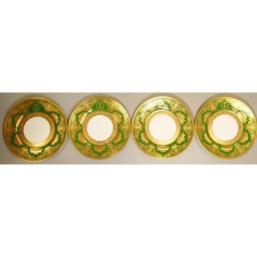 1048 - De Lamerie Fine Bone China heavily gilded Exotic Green patterned dinner plates with personalised cre... 