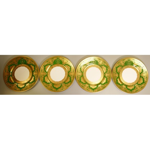 1049 - De Lamerie Fine Bone China heavily gilded Exotic Green patterned dinner plates with personalised cre... 