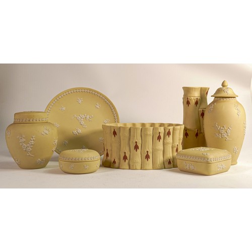 1059 - A collection of Wedgwood white on lemon & similar Jasper ware items including ribbed planter & spill... 