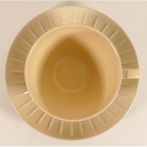 1101 - Wedgwood Norman Wilson ribbed tea cup & saucer, yellow / blue glaze, dated 1960.