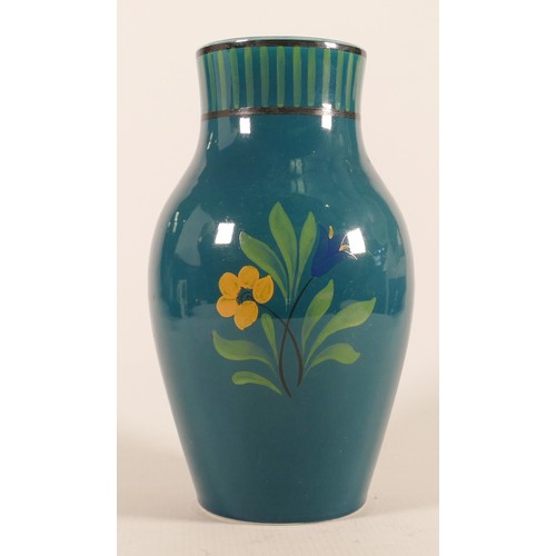 1104 - Wedgwood Millicent Taplin signed vase, decorated with modernist handicraft design on green/blue base... 