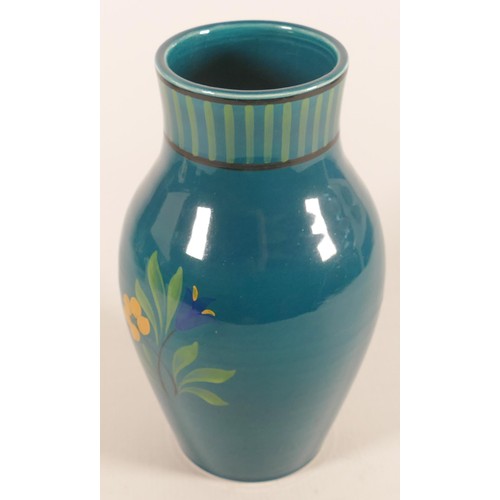 1104 - Wedgwood Millicent Taplin signed vase, decorated with modernist handicraft design on green/blue base... 