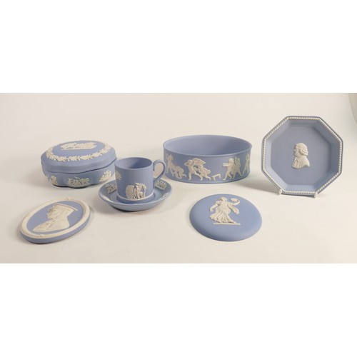 1106 - Wedgwood blue Jasper ware to include - cup & saucer set, portrait medallion, dancing hours plaque et... 