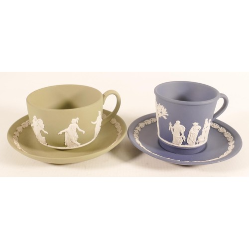 1108 - Wedgwood sage green & Portland blue (dancing hours) cup & saucer sets. (2)