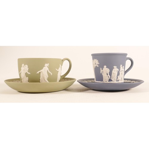 1108 - Wedgwood sage green & Portland blue (dancing hours) cup & saucer sets. (2)