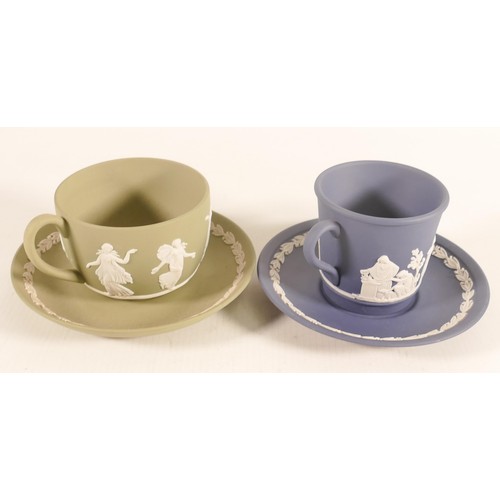 1108 - Wedgwood sage green & Portland blue (dancing hours) cup & saucer sets. (2)